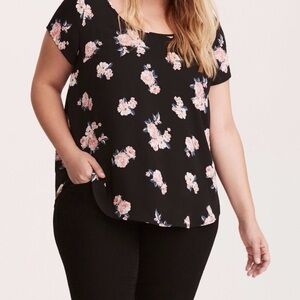 Torrid Semi Sheer Floral Black Top Blouse Shirt Size 00 Draped Back Cutout